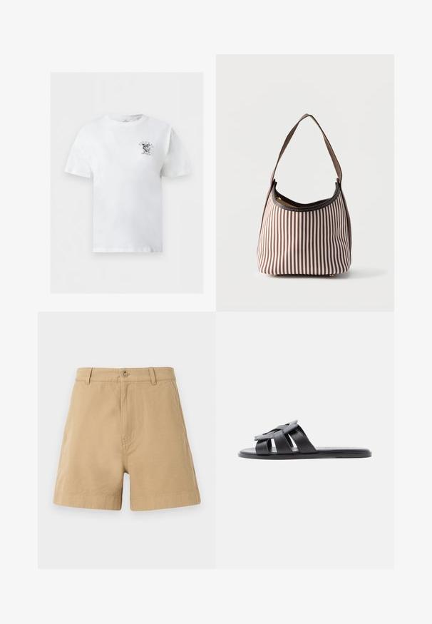 T-shirt blanc à manches courtes avec col rond, petit motif noir avec un poisson et les mots « Fischl Surfwear » sur le côté gauche de la poitrine.; Shorts beige en coton, avec un design classique, fermeture à bouton à l'avant et passants de ceinture. Texture lisse avec poches latérales.; Sandale plate noire à enfiler avec des lanières en cuir tissé et orteil ouvert, vue de profil sur un fond clair.; Sac à main rayé vertical marron et blanc avec une seule bandoulière et une fermeture éclair visible en haut de l'ouverture.