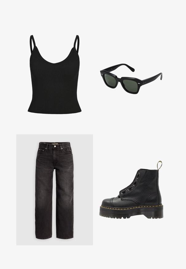 Top de tirantes finos de canalé negro, con escote en V, forma ajustada y tejido texturizado. Sin patrones adicionales ni acentos visibles.; Levi's® BAGGY DAD - Vaqueros baggy - shrink up; Botín negro de cuero con superficie texturizada, punta redonda, diseño de cordones, costuras amarillas y una gruesa suela de plataforma negra estriada.; Gafas de sol cuadradas negras con lentes verde oscuro, con montura audaz y acentos plateados en los laterales. Fabricadas en Italia.