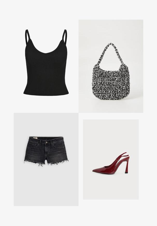 Sort ribbet tanktop med tynde stropper, V-hals, tætsiddende form og tekstureret stof. Ingen yderligere mønstre eller detaljer synlige.; Sorte denimshorts med frynset kant, fem lommer og lukning med knap foran. Glat tekstur med let falmning for et brugt udseende.; Rød højhælet slingback-sko i laklæder med spids tå og stilethæl, vist i profil på en ensfarvet hvid baggrund.; Vævet håndtaske i sort og hvid med en rund form, tekstureret overflade og et fletet håndtag. Velegnet til afslappet brug.
