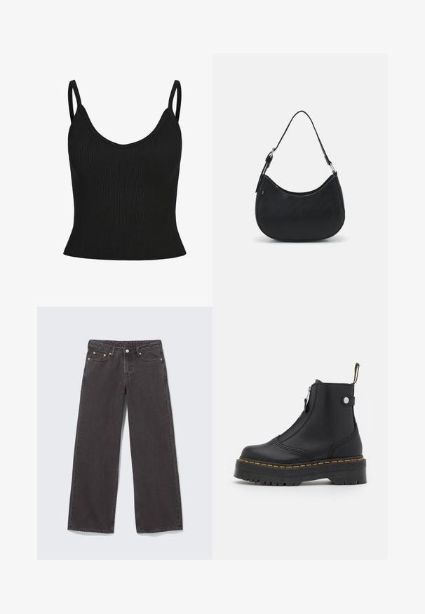Sort ribbet tanktop med tynde stropper, V-hals, tætsiddende form og tekstureret stof. Ingen yderligere mønstre eller detaljer synlige.; Vidbenede sorte denimjeans med kobbernitter, fem lommer og knaplukning. Blød, robust tekstur med lige snit fra talje til kant.; Sort ankelstøvle lavet af glat læder, med en lynlås i siden, gul syning og en tyk, rillet gummisål.; Sort hobo taske lavet af glat læder med en buet silhuet, der har en enkelt justerbar skulderrem og minimalistiske designdetaljer.
