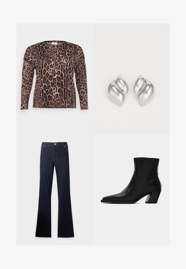 Langærmet skjorte med leopardprint i nuancer af brun, sort og beige. Blød tekstur med en afslappet pasform.; Mørkeblå denimjeans med høj talje og udvidede ben, med frontlommer, knap og lynlåslukning.; Sortlæder ankelstøvle med spids tå, en slank silhuet og en kraftig firkantet hæl. Glat tekstur med minimale stikninger.; Sølvøreringe med en organisk, abstrakt form. Glat, skinnende overflade med et tilspidset design. Har subtile kurver og en centrallinje detalje.