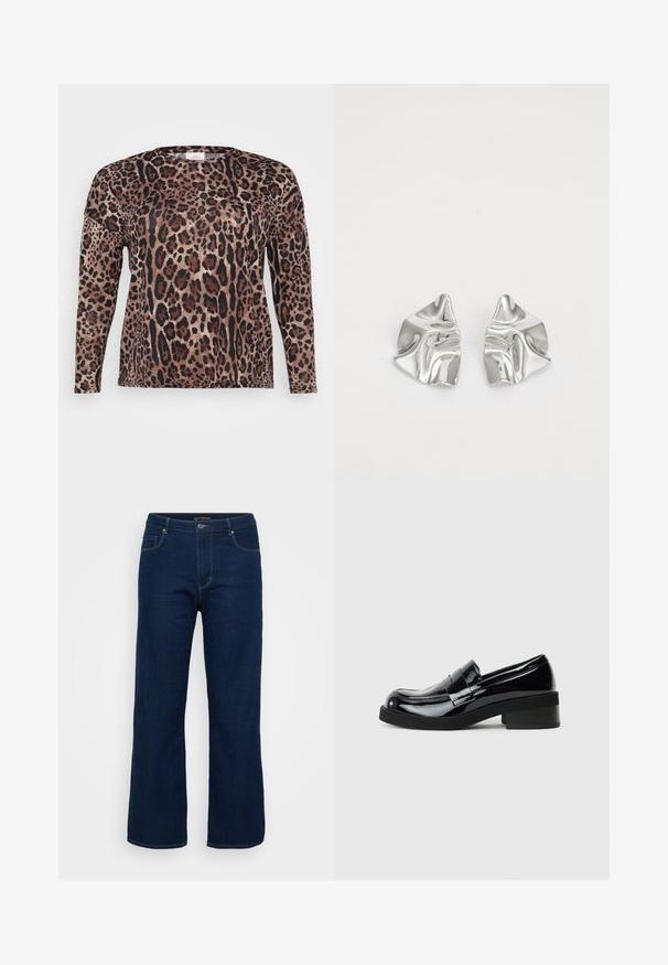 Langærmet skjorte med leopardprint i nuancer af brun, sort og beige. Blød tekstur med en afslappet pasform.; Mørkeblå denim jeans med lige pasform, der har en lynlås, fem lommer og synlige syninger.; Sorte patenterede lædersko med rund tå, lav blokhæl og en glat, blank finish. Har en dekorativ rem over forsiden.; Sølvmetal øreringe med et bølgende, skulpturelt design, der har en poleret overflade og uregelmæssige former, hvilket fremhæver en moderne æstetik.