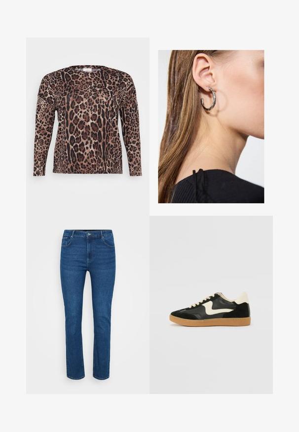Langærmet skjorte med leopardprint i nuancer af brun, sort og beige. Blød tekstur med en afslappet pasform.; Blå denim jeans med lige ben design, med kontrasterende syninger, fem-lomme stil og en metalknap lukning i taljen.; Sorte ruskinds- og lædersneakers med en cremefarvet side-swoosh og lys cremefarvet hæl. Har beige snørebånd og en gummirubber-sål.; Sølv hoop ørestik med en poleret overflade, prydet med små guld accenter og en rund form, båret på øreflippen.