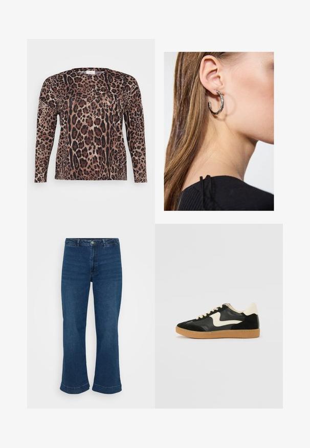 Langærmet skjorte med leopardprint i nuancer af brun, sort og beige. Blød tekstur med en afslappet pasform.; Højtaljede blå jeans med lige ben og bred kant, lavet af denim. Har et klassisk fem-lomme design og lukning med metalknap.; Sorte ruskinds- og lædersneakers med en cremefarvet side-swoosh og lys cremefarvet hæl. Har beige snørebånd og en gummirubber-sål.; Sølv hoop ørestik med en poleret overflade, prydet med små guld accenter og en rund form, båret på øreflippen.