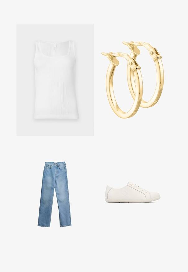 Hvid ribbet tanktop med rektangulær udskæring og brede skulderstropper. Stofmaterialet har en tekstureret, strækbar overflade.; Lyseblå jeans med høj talje og lige ben, med frontknap og lynlås, bæltestropper og fem-lomme design på hvid baggrund.; Hvide sneakers med en tekstureret finish, snørelukning, rundet tå og branding på siden. Indeholder diskrete syninger og en gummisål.; Guldtonede hoop øreringe med en poleret overflade, afrundet form og hængselslukning, der har en glat tekstur og et minimalistisk design.