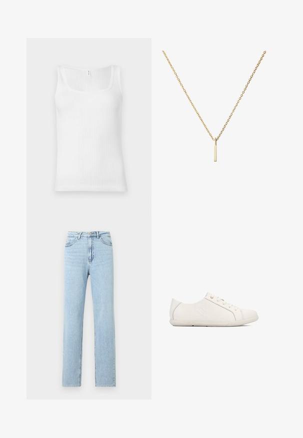 Hvid ribbet tanktop med rektangulær udskæring og brede skulderstropper. Stofmaterialet har en tekstureret, strækbar overflade.; Lyseblå denimjeans med lige ben, forlommer, bæltestropper samt knap- og lynlåslukning.; Hvide sneakers med en tekstureret finish, snørelukning, rundet tå og branding på siden. Indeholder diskrete syninger og en gummisål.; Guldfarvet halskæde med en delikat kæde og en rektangulær vedhæng med en glat, poleret overflade. Enkel og minimalistisk design.