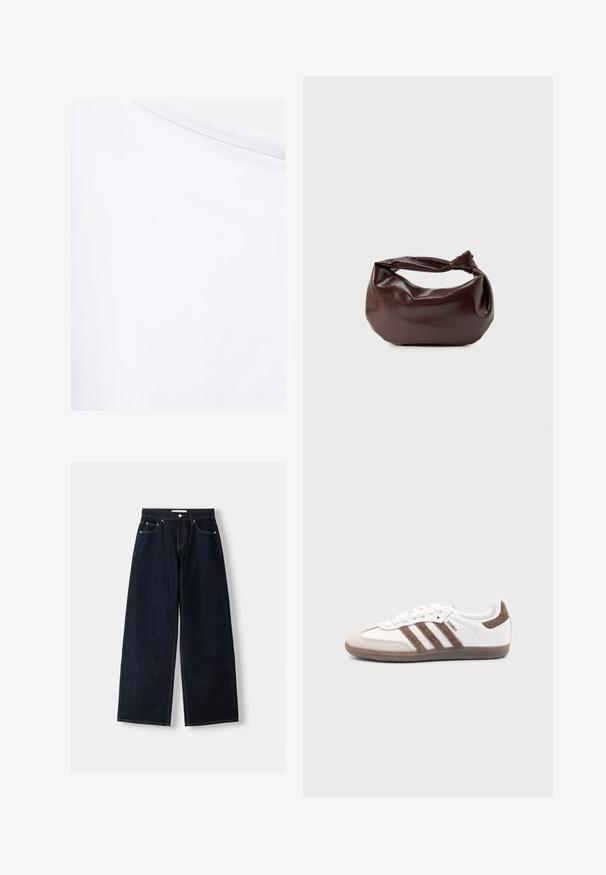 Witte stof met een gladde textuur en een zichtbare naad vlak bij de bovenrand.; Donkerblauwe denim wijduitlopende jeans met een hoge taille, vijf zakken, contrasterende stiksels en zilveren metalen hardware. Gladde textuur en een nette afwerking.; Witte Adidas Samba sneaker met bruine suède strepen, bruine rubberen zool en beige suède neuskap, getoond vanaf de buitenkant op een effen achtergrond.; Donkerbruine leren schoudertas met een zachte, slungelige vorm en een gedraaide knoopvormige handgreep op een effen witte achtergrond.