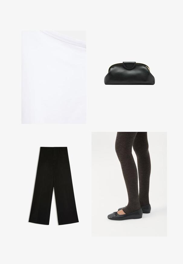 Tissu blanc avec une texture lisse et une couture visible près du bord supérieur.; Pantalon noir à jambes larges avec passants de ceinture, fermeture devant par bouton et zip, posé à plat sur fond blanc.; Jambes portant des leggings côtelés foncés associés à des ballerines noires avec de petits détails en nœud sur fond blanc.; Pochette en cuir noire avec armature métallique dorée et fermeture pression sur fond blanc.
