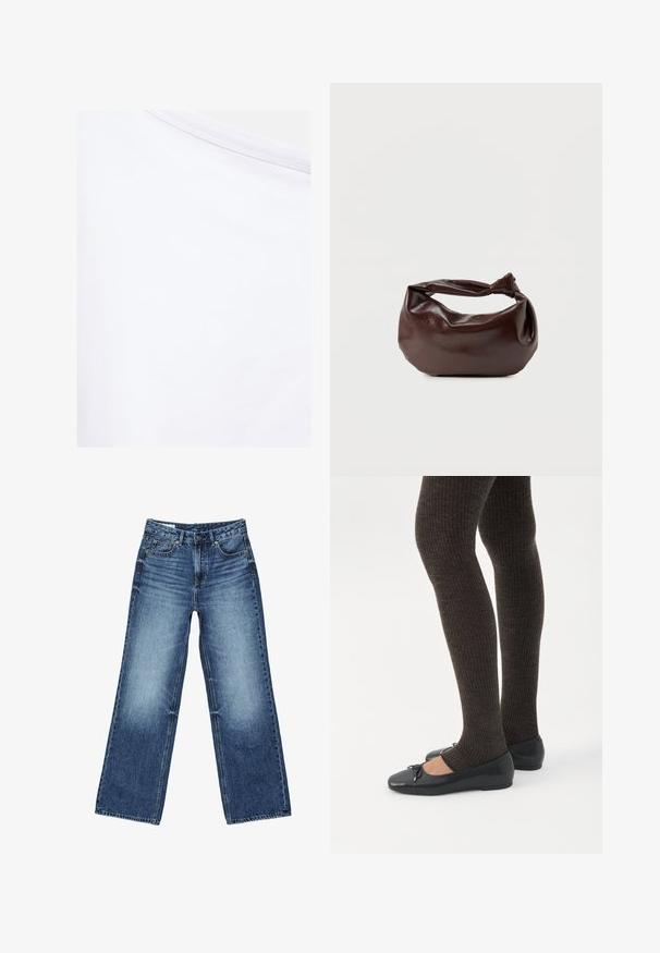 Tissu blanc avec une texture lisse et une couture visible près du bord supérieur.; Jean en denim bleu avec un effet délavé sur les cuisses, coupe droite à jambes larges, fermeture avant avec bouton, fermeture éclair, et style cinq poches.; Jambes portant des leggings côtelés foncés associés à des ballerines noires avec de petits détails en nœud sur fond blanc.; Sac bandoulière en cuir marron foncé avec une forme souple et décontractée et une anse nouée torsadée sur un fond blanc uni.