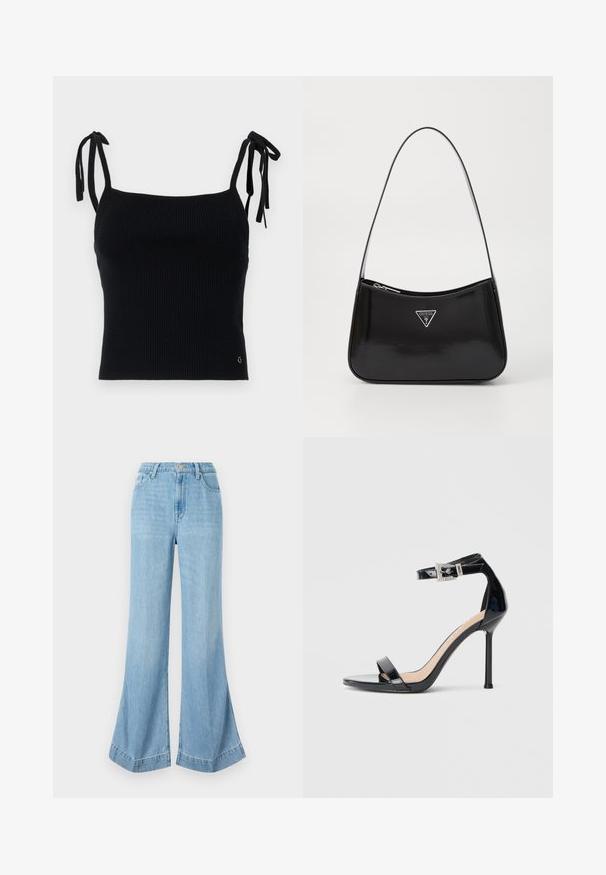 Sort ribbet crop top med justerbare snore. Glat overflade, tætsiddende design og subtil logo-detalje nederst til højre.; Lyseblå videste bukser i denim, høj talje med knaplukning, med en ren finish og flagrende kant med sideslids.; Sort højhælet sandal i laklæder med ankelrem. Har minimalistisk design, åben tå og spænde med rhinsten-detaljer.; Sort patenteret læder skuldertaske med en buet form, prydet med et sølvfarvet trekantet logo og en lynlås-lukning. Glat tekstur og slank rem.