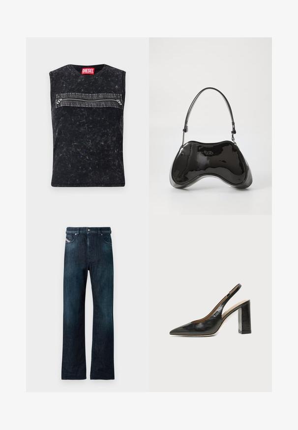 Top negro sin mangas con cuello redondo, que presenta un bolsillo con cremallera en la parte delantera con ribete gris, fabricado con un tejido texturizado con un acabado desgastado.; Jeans de mezclilla azul oscuro con diseño de pierna recta, con cierre frontal de botones y bolsillos laterales. Textura suave con un acabado ligeramente desteñido.; Zapato slingback de piel negra con puntera puntiaguda, tacón alto y ancho, y forro interior beige sobre un fondo claro y liso.; Bolso de mano de piel sintética negra con un diseño curvado único, asas cortas y ajustables, y abertura con cremallera en la parte superior. Textura suave con una sutil marca.