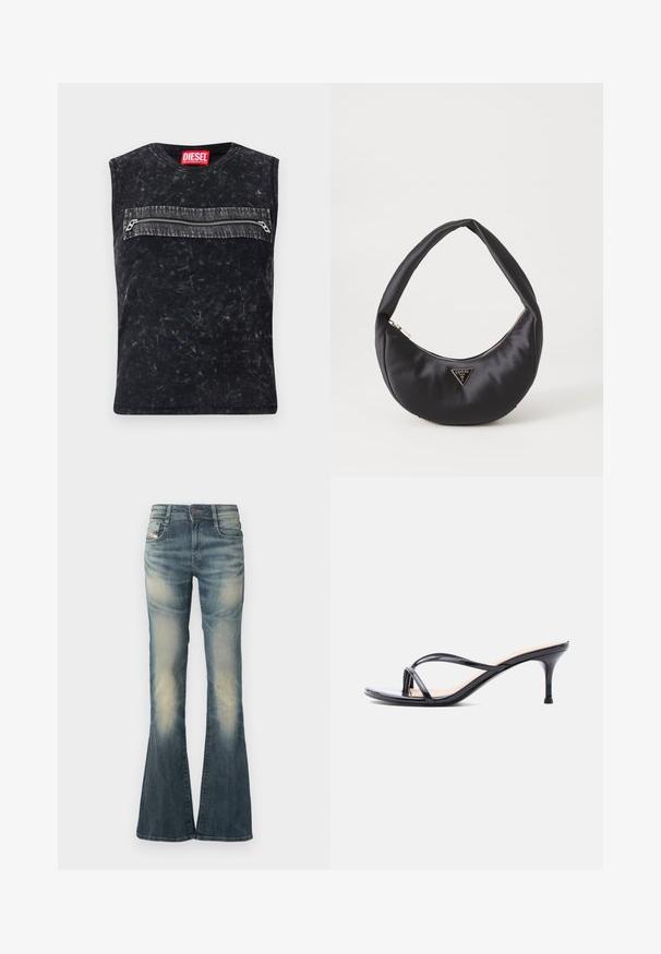 Schwarzes ärmelloses Oberteil mit Rundhalsausschnitt, ausgestattet mit einer vorderen Reißverschlusstasche mit grauem Besatz, aus strukturiertem Stoff mit einem used-Look.; Jeans aus Denim mit ausgestelltem Bein in verblasstem Blau und leichter Used-Optik. Mit einer vorderen Knopfverschlusss, fünf Taschen und einer Taille mit mittlerer Bundhöhe.; Schwarze Peeptoe-Sandale aus Lackleder mit dünnen, gekreuzten Riemen und einem schlanken, mittelhohen Stilettoabsatz vor weißem Hintergrund.; Schwarze Satin-Handtasche mit geschwungener Form, ausgestattet mit einem Reißverschluss und einem dreieckigen Metallsymbol auf der Vorderseite. Glatte Textur und elegantes Design.