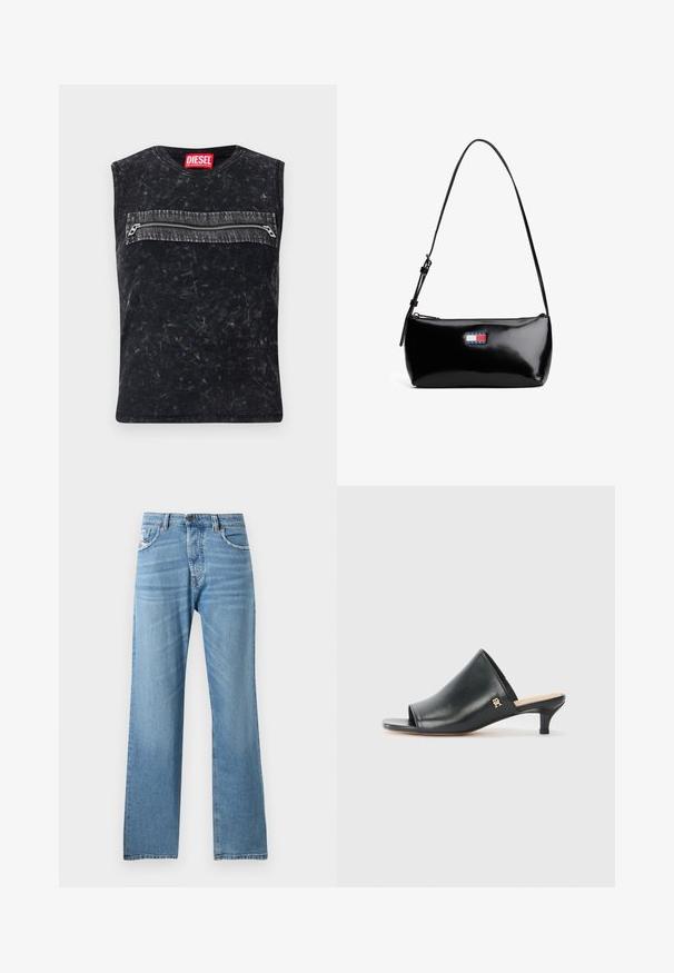 Top negro sin mangas con cuello redondo, que presenta un bolsillo con cremallera en la parte delantera con ribete gris, fabricado con un tejido texturizado con un acabado desgastado.; Jeans de mezclilla azul claro con un diseño de pierna recta, que presentan una cintura estándar, cinco bolsillos y un desvanecimiento sutil en la tela.; Mules de cuero negro de punta abierta con un tacón bajo. Presentan una superficie lisa y un acento del logo dorado en el costado.; Bolso de hombro de charol negro con una correa curva, cierre de cremallera y un parche de logo rectangular en rojo, blanco y azul.