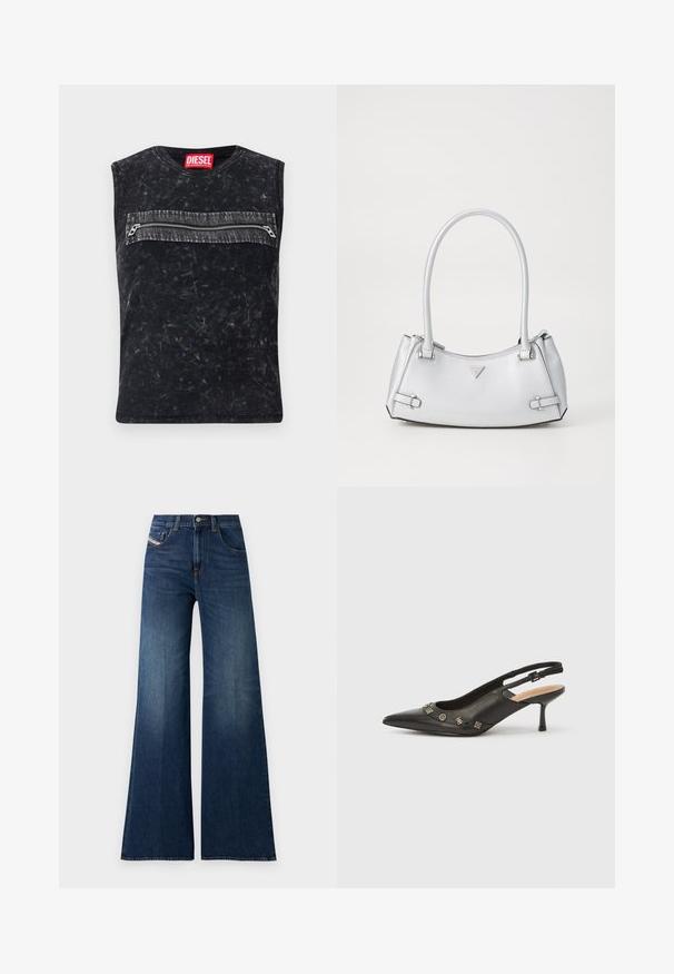 Top negro sin mangas con cuello redondo, que presenta un bolsillo con cremallera en la parte delantera con ribete gris, fabricado con un tejido texturizado con un acabado desgastado.; Jeans de pierna ancha de talle alto en azul oscuro, con bolsillos delanteros y para monedas, cierre de botón y sutiles detalles de desgastado en los muslos.; Zapato de tacón con talón descubierto en piel negra, punta puntiaguda, tacón pequeño y detalles metálicos decorativos a lo largo de la abertura frontal. Textura lisa.; Bolso de mano plateado con un diseño estructurado, que cuenta con dos asas, textura brillante, herrajes de acento y un logo triangular en la parte frontal.