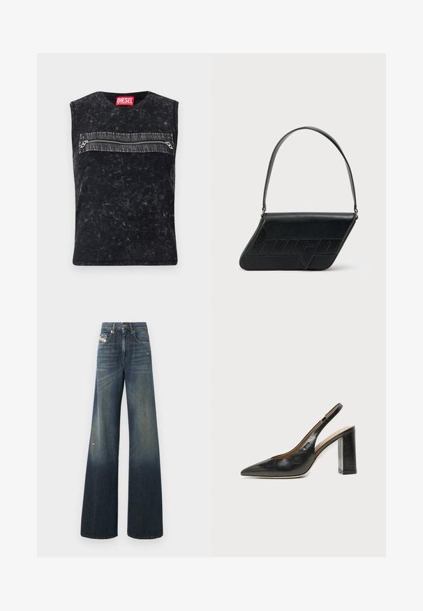 Schwarzes ärmelloses Oberteil mit Rundhalsausschnitt, ausgestattet mit einer vorderen Reißverschlusstasche mit grauem Besatz, aus strukturiertem Stoff mit einem used-Look.; Weit geschnittene Jeans aus Denim in Dunkelblau mit einem ausgewaschenen Finish, mit einem abgenutzten Knie und klassischem Fünf-Taschen-Design mit Label.; Schwarzer Leder-Slingback-Schuh mit spitzer Kappe, hohem Blockabsatz und beigegefüttertem Innenraum vor hellem, einfarbigem Hintergrund.; Schwarze Leder-Umhängetasche mit dreieckiger Form, geprägt mit Logo und einem einzigen verstellbaren Riemen. Minimalistisches Design mit glatter Textur.