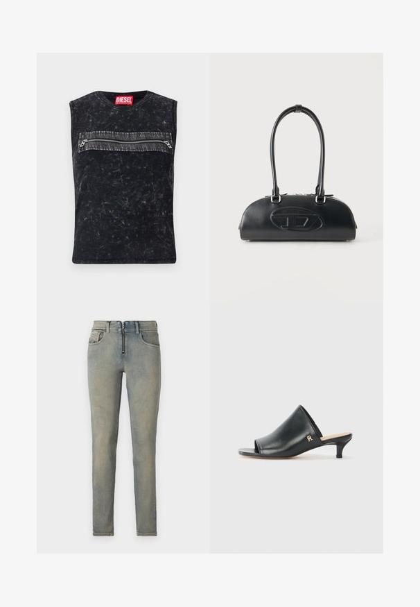 Schwarzes ärmelloses Oberteil mit Rundhalsausschnitt, ausgestattet mit einer vorderen Reißverschlusstasche mit grauem Besatz, aus strukturiertem Stoff mit einem used-Look.; Schmale Jeans aus hellblauem Denim mit einem Reißverschluss vorne, fünf Taschen und einem ausgewaschenen Look mit subtilen Farbvariationen.; Schwarze Leder-Pantoletten mit offenen Zehen und niedrigem Absatz. Sie verfügen über eine glatte Oberfläche und ein goldenes Logo-Detail an der Seite.; Schwarze Lederhandtasche mit langen doppelten Griffen und geprägtem ovalem Logo auf der Vorderseite, vor einem schlichten hellen Hintergrund gezeigt.