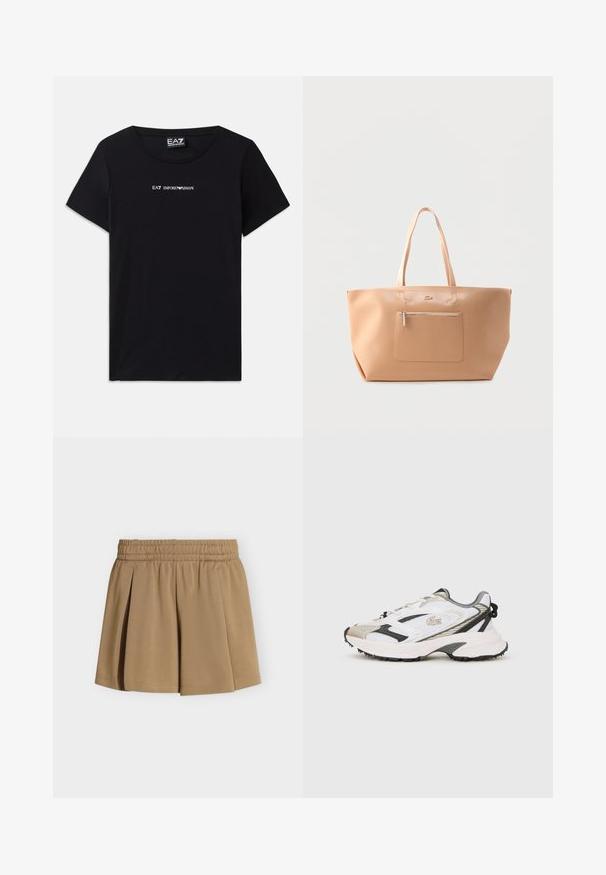 Musta lyhythihainen T-paita, joka on valmistettu puuvillasta ja jossa on valkoisilla kirjainmerkeillä "EA7 Emporio Armani" -logo rinnassa. Pyöreä pääntie.; Beige pliseerattu hame, jossa joustava vyötärönauha, valmistettu sileästä kankaasta, esitetty yksinkertaisella vaaleanharmaalla taustalla.; Valkoiset ja harmaat tossut verkkopäällä, mustat yksityiskohdat ja teksturoitu pohja. Varusteena nauhat, brändäys ja kontrastisia suunnitteluelementtejä.; Vaaleanruskea nahkainen tilava laukku, jossa on kaksi kahvaa ja edessä vetoketjutasku, esitetty yksiväristä valkoista taustaa vasten.
