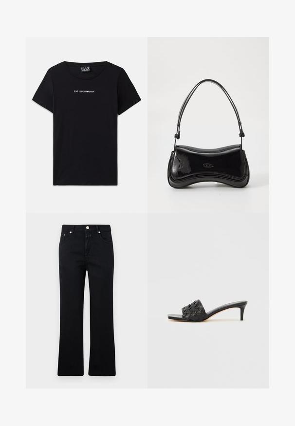 Musta lyhythihainen T-paita, joka on valmistettu puuvillasta ja jossa on valkoisilla kirjainmerkeillä "EA7 Emporio Armani" -logo rinnassa. Pyöreä pääntie.; Musta farkut, joissa on suora lahje, viisi taskua, metalliosat ja pehmeä farkkukangas. Minimalistinen ja tasavärinen.; Mustat korkokengät, joissa on yläosassa kudottu tekstuuri, avoin varvasosa ja kapea korkea korko. Varustettu sileällä nahkapohjalla.; Mustan lakatun nahkataskun kaareva muoto, jossa on yksi kahva ja pyöreä pohja. Etuosassa on hienovarainen logo.