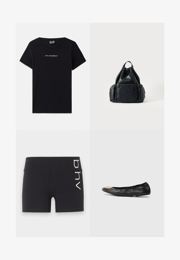 Sort kortærmet T-shirt lavet af bomuld, med "EA7 Emporio Armani" logoet i hvid tekst på tværs af brystet, rund halsudskæring.; Sorte tætsiddende sportsshorts med høj talje og hvidt lodret "bhv"-logo på højre side.; Sort læderballetflad med en rund tå, der har en gylden hardwareaccent på tåen, glat tekstur og fleksibel sål.; Sort læder-rygsæk med snøre, med for- og sidelommer med lynlås, med præget "EA7 Emporio Armani" logo på frontlommen.