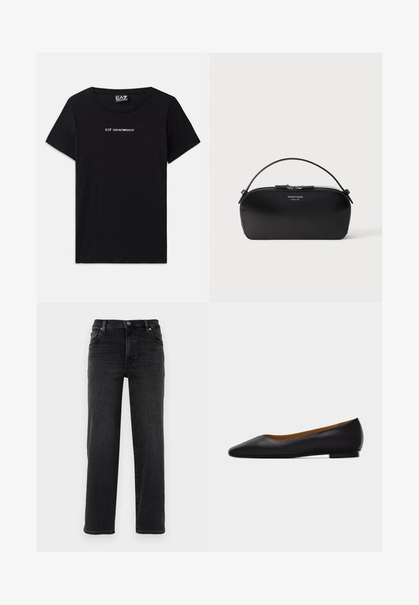 Čierne tričko s krátkym rukávom vyrobené z bavlny, s bielym logom "EA7 Emporio Armani" na hrudi a okrúhlym výstrihom.; Čierne džínsy z denimu so strihom rovného nohu. Majú gombíkovú prednú päsť, dizajn s piatimi vreckami a minimálne detaily šitia. Hladká textúra.; Čierna kožená dámska obuv s ostrou špičkou, nízkym podpätkom a hladkým povrchom, zobrazená z boku na svetlošedom pozadí.; Čierna kožená taška na zápästie so strieborným zipsom a krátkym uchom, vyrazené logo Emporio Armani Milano 1981 na prednej strane.