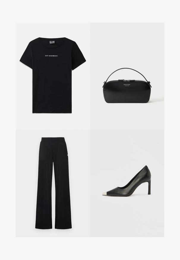 Sort kortærmet T-shirt lavet af bomuld, med "EA7 Emporio Armani" logoet i hvid tekst på tværs af brystet, rund halsudskæring.; Sorte viddebenbukser med en tætsiddende talje, lavet af et glat stof. Har diskrete sidelommer og minimale hardware-detaljer.; Sort læder højhælet sko med spids tå og metal-sølv hætte. Har en glat finish og en slank hæl på 10 cm.; Sort læderhåndledstaske med sølv lynlås og kort hank, prægede Emporio Armani Milano 1981-logo foran.