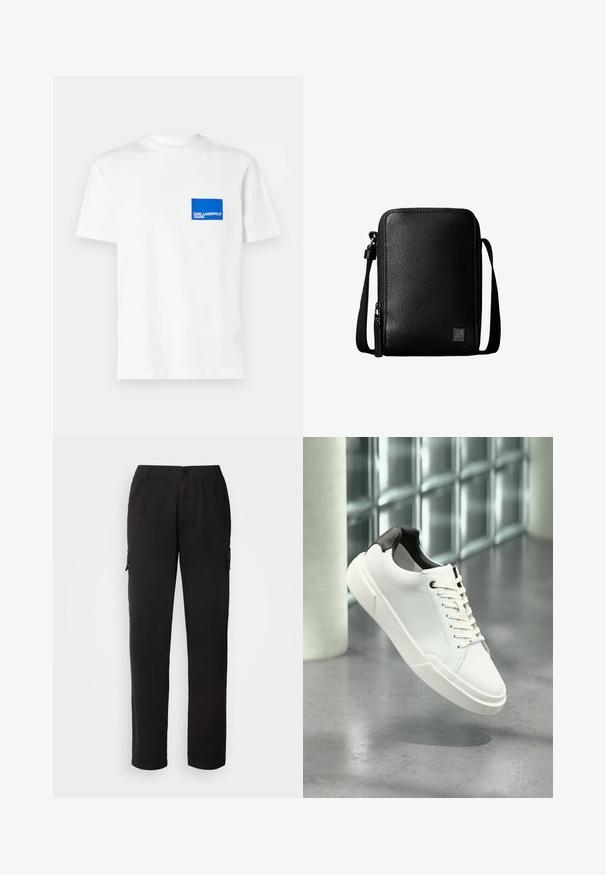 Camiseta de algodón blanca con un parche de logotipo rectangular azul en el lado izquierdo del pecho que lleva el texto "KARL LAGERFELD JEANS". Diseño de cuello redondo.; Pantalones cargo negros hechos de tela duradera; cuentan con una cinturilla elástica, bolsillos frontales y laterales, y un diseño de pierna recta.; Zapatilla blanca de perfil bajo con lengüeta del talón texturizada en negro, cordones blancos y suela gruesa sobre un suelo de cemento pulido cerca de bloques de vidrio.; Bolso bandolera negro con textura, con correa ajustable y cierre de cremallera, con un pequeño logo cuadrado en la esquina inferior.