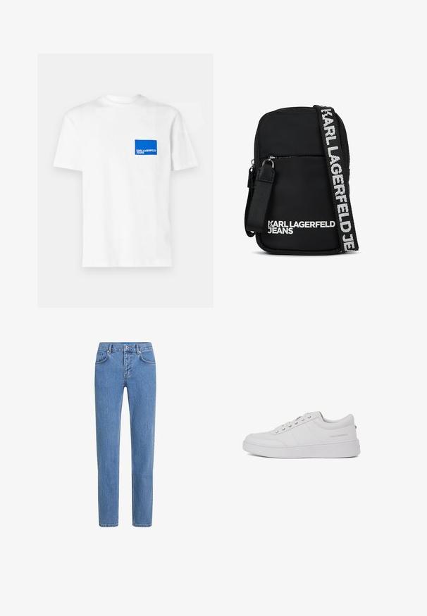 Biela bavlnená tričko s modrým obdĺžnikovým logom na ľavej hrudi s textom "KARL LAGERFELD JEANS". Strih s okrúhlym výstrihom.; Svetlomodré džínsové nohavice so strihom rovného nohavice, piatimi vreckami a zapínaním na gombík. Tkanina má textúrovaný povrch s jemným vyblednutím.; Biele kožené tenisky s klasickým nízkym strihom, plochou podrážkou a diskrétnym logom značky na päte. Obsahujú päť kovových očiek na šnúrky.; Čierna látková crossbody taška s obdlžníkovým tvarom, so zipsovým predným vreckom a kontrastným logom na remienku v bielej farbe.