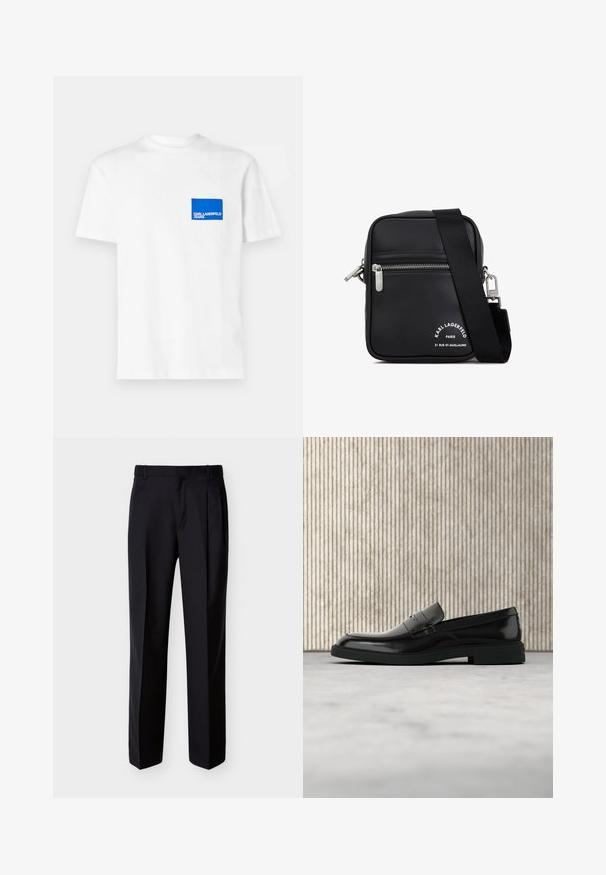 Camiseta de algodón blanca con un parche de logotipo rectangular azul en el lado izquierdo del pecho que lleva el texto "KARL LAGERFELD JEANS". Diseño de cuello redondo.; Pantalones negros hechos a medida con corte recto, pinzas delanteras y bolsillos laterales. Elaborados con una tela suave y ligera con un patrón sólido.; Zapato loafer de cuero negro pulido flotando sobre una alfombra beige con muebles translúcidos naranjas de fondo.; Bolso cruzado de piel negra con herrajes de plata, un compartimento con cremallera, una superficie texturizada y una marca blanca prominente en el frente.