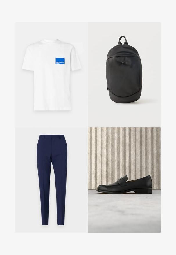 Biela bavlnená tričko s modrým obdĺžnikovým logom na ľavej hrudi s textom "KARL LAGERFELD JEANS". Strih s okrúhlym výstrihom.; Námornícky modré upravené nohavice s úzkym strihom, s hladkou textúrou, plochým predným dielom a skladanými nohavicami. Bez viditeľných vreciek alebo ozdôb.; Čierny kožený mokasín vznášajúci sa nad béžovým koberecom s lesklým hnedým okrúhlym stolom v pozadí.; Čierny batoh Hugo zaobleným vrchom, predným vreckom na zips a textilnou slučkovou rúčkou.