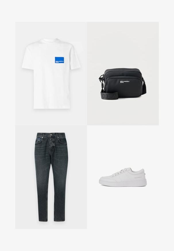 Witte katoen t-shirt met een blauw rechthoekig logo op de linkerborst met de tekst "KARL LAGERFELD JEANS". Met rond de hals ontwerp.; Donkergrijze denim jeans met een rechte pasvorm, vijf zakken, knoopsluiting en subtiele vervaging. Gemaakt van katoen met een stevige textuur.; Witte leren sneakers met een klassiek low-top ontwerp, platte zool en subtiele merklogo op de hiel. Voorzien van vijf metalen oogjes voor veters.; Zwarte rechthoekige crossbodytas met twee ritssluitingsvakken, "KARL LAGERFELD JEANS" logo en verstelbare merkriem op witte achtergrond.