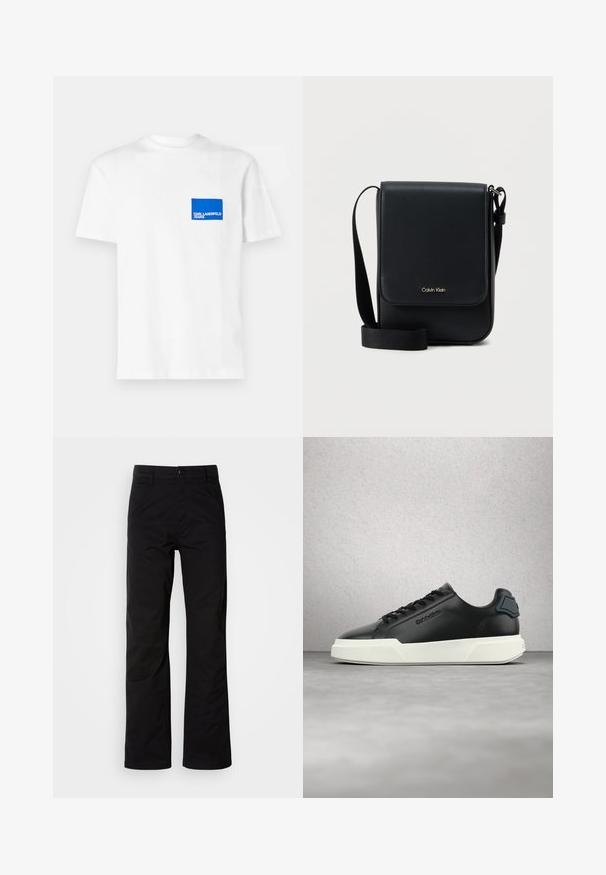 Biela bavlnená tričko s modrým obdĺžnikovým logom na ľavej hrudi s textom "KARL LAGERFELD JEANS". Strih s okrúhlym výstrihom.; Čierne bavlnené nohavice s rovnými nohavicami, s gombíkovým zapínaním a pútkami na opasok. Hladká textúra a minimalistický štýl bez viditeľných vzorov.; Čierny kožený tenisky s bielou podrážkou, čiernymi šnúrkami a vyrazeným logom, zobrazené nad sivou podlahou s pozadím zo sklenených blokov.; Čierna crossbody taška Calvin Klein s klopou, nastaviteľným pásikom a malým zlatým logom na prednej strane, na čistom bielom pozadí.