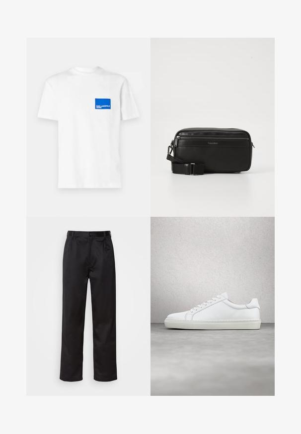 Camiseta de algodón blanca con un parche de logotipo rectangular azul en el lado izquierdo del pecho que lleva el texto "KARL LAGERFELD JEANS". Diseño de cuello redondo.; Pantalones negros de tela suave, con cierre delantero de botón, pliegues y patas rectas. Sin patrones ni acentos visibles.; Zapatilla blanca con parte superior de cuero liso y perfil bajo. Presenta una puntera redondeada, seis ojales y una suela de goma texturizada.; Bolso cruzado de cuero negro con un compartimento con cremallera, superficie texturizada, correa ajustable y marca Calvin Klein en la parte frontal.