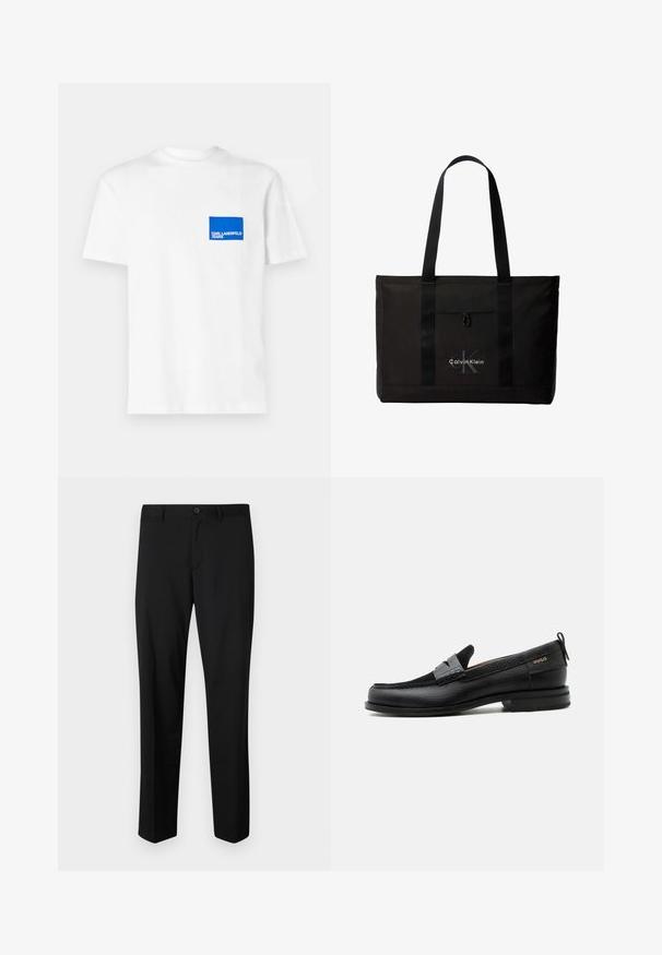 Valge puuvillane T-särk, mille vasakul rinnal on sinine ristkülikukujuline logo ja tekst "KARL LAGERFELD JEANS". Ümar kaelus.; Mustad mustriga püksid lamedate eest, tavalise vöökoha ja sirgete jalgadega. Valmistatud siledast kangast, millel on üks nööp.; Must nahast loafer halli rihma detailiga, madala kand ja tekstuurse tallaga, külgedel kuldse "HUGO" brändiga.; Must Calvin Kleini kandekott kahe pika sangaga ja esikotiga, brändi valge ja halli logoga.