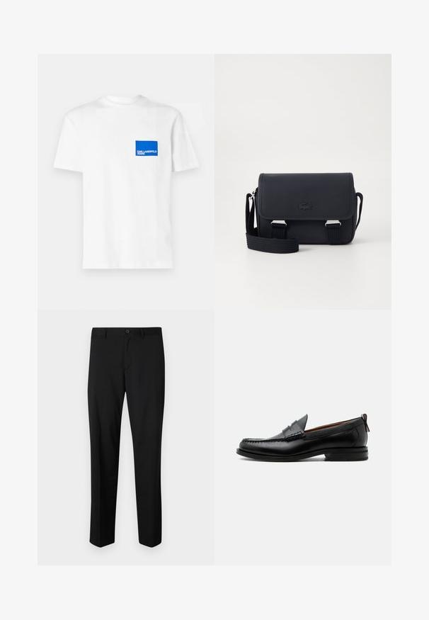 Biela bavlnená tričko s modrým obdĺžnikovým logom na ľavej hrudi s textom "KARL LAGERFELD JEANS". Strih s okrúhlym výstrihom.; Čierne elegantné nohavice s hladkým predným dielom, štandardným pásom a priamymi nohavicami. Vyrobené z hladkej tkaniny, s jedným gombíkom na zapínanie.; Čierny kožený pánsky mokasín s prešitím moc toe, penny remienkom, textúrovaným golierom a nízkym vrstveným podpätkom na bielom pozadí.; Lacoste CLASSIC MESSENGER BAG - Taška cez plece - noir