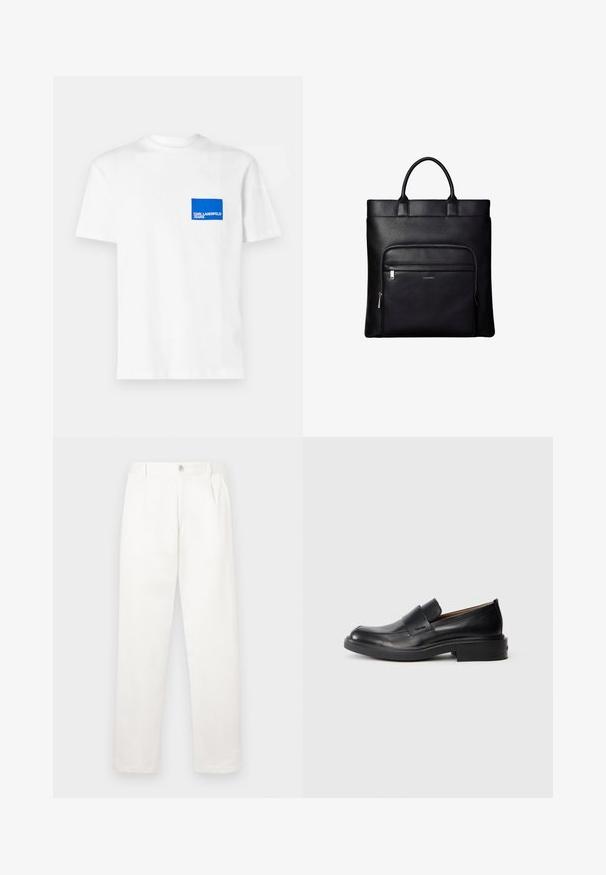 Hvid bomulds t-shirt med et blåt rektangulært logo patch på venstre bryst med teksten "KARL LAGERFELD JEANS". Rund hals design.; Hvide bukser lavet af glat stof, med en lige ben design, forpleater og en enkelt knap lukning i taljen.; Sorte læder slip-on dress sko med lav hæl og subtil Calvin Klein logo på siden, vist i profil på en hvid baggrund.; Sort læder tote taske med top håndtag og en front lynlåslomme med et lille Calvin Klein-logo på lommen.
