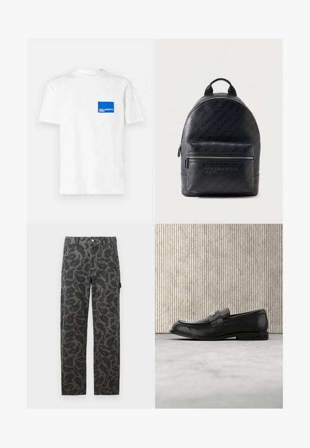 Biela bavlnená tričko s modrým obdĺžnikovým logom na ľavej hrudi s textom "KARL LAGERFELD JEANS". Strih s okrúhlym výstrihom.; Čierne a sivé pixelovo zamaskované nohavice s priamymi nohavicami, prednými vreckami a zapínaním na gombík.; Čierny kožený loafer s kovovou značkovou platničkou ležiaci pri hnedom okrúhlom stole na béžovej koberci.; Čierny batoh Karl Lagerfeld Jeans s vyrazeným vzorom loga a predným vreckom na zips na jednofarebnom svetlom pozadí.