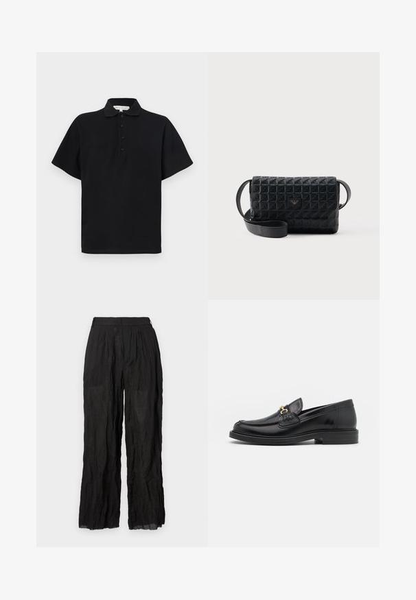 Sort polo shirt med korte ærmer, lavet af blød bomuld. Har en krave og en fire-knaps lukning. Enkel, minimalistisk design.; Sorte linned brede bukser med en struktureret overflade. Har en elastisk talje og diskrete folder.; Sorte læder loafers med en rund tå, der har guld hardware accent og syningsdetaljer, placeret på en lav, tekstureret gummisål.; Sort tekstureret crossbodytaske med klaplukning og et lille metallogo foran, vist mod en ensfarvet baggrund.