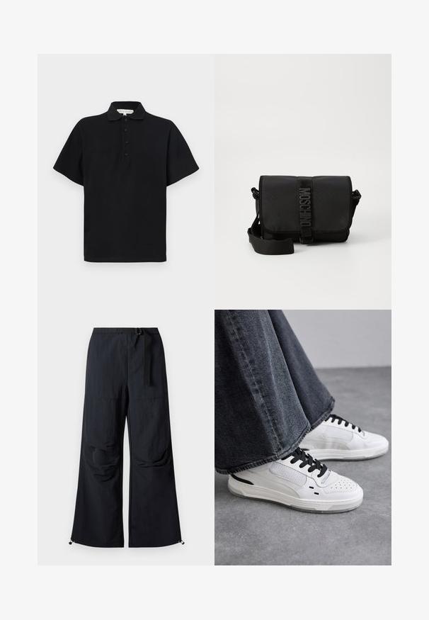 Schwarzes Polohemd mit kurzen Ärmeln, aus weichem Baumwollmaterial. Mit einem Kragen und einer Knopfleiste mit vier Knöpfen. Einfaches, minimalistisches Design.; Schwarze, weit geschnittene Hose aus leichtem Stoff. Verfügt über einen Gürtel, zwei große Seitentaschen und verstellbare Säume mit Kordelzug.; Weiße Sneakers mit schwarzen Schnürsenkeln und Netzdetails. Die Schuhe verfügen über ein glattes Lederobermaterial und eine strukturierte Gummisohle. Kombiniert mit weiten, grauen Jeans.; Schwarze Nylon-Crossbody-Tasche mit Klappe, ausgestattet mit einem auffälligen Logo-Gurtverschluss, verstellbarem Tragegurt und seitlichen Steppnähten.