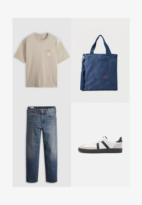 Μπεζ βαμβακερό T-shirt με κοντά μανίκια και τσέπη στο στήθος που φέρει μια μικρή κόκκινη και λευκή ετικέτα, απεικονίζεται σε απλό φόντο.; Σκούρο μπλε τζιν με άνετη εφαρμογή, ίσια πόδια, πεντάτσεπη σχεδίαση και διακριτική ξεθώριαση στους μηρούς. Ασημένιο κουμπί και ποτζές.; Λευκό αθλητικό παπούτσι με μαύρες και γκρί λεπτομέρειες, featuring ένα υφή γκρί καλύμμα δαχτύλου, μαύρη καουτσούκ σόλα και επίπεδες λευκές κορδόνες. Καθαρός σχεδιασμός, μινιμαλιστικό στυλ.; Μπλε τσαντάκι καμβά με μπροστινή τσέπη και κόκκινη κέντηση "O.N.S", με διπλές λαβές και ρυθμιζόμενο ιμάντα ώμου.
