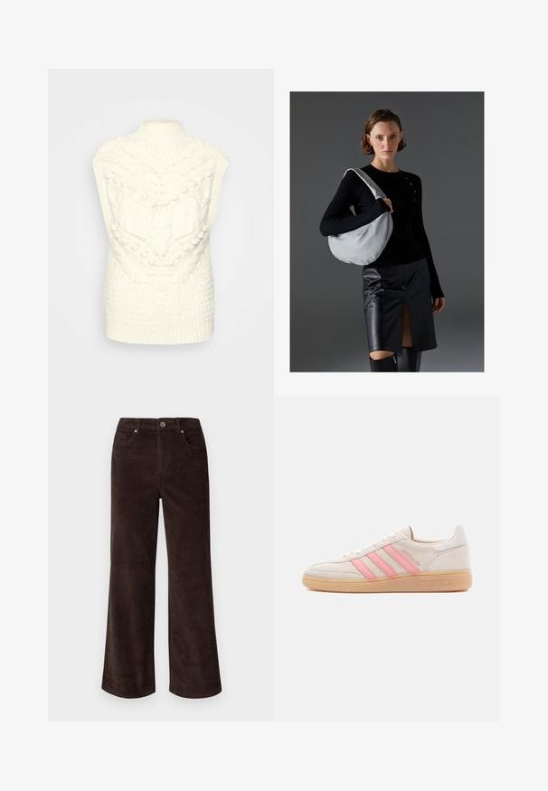 Chaleco de punto color crema con un alto cuello acanalado y patrones texturizados, incluyendo trenzas y pompones, que proporcionan un aspecto acogedor.; Vero Moda Petite VMTESSA PANTS - Pantalones - chocolate torte; Zapatilla de ante beige con tres franjas rosas en el lateral. Cuenta con una suela de goma texturizada y un detalle blanco en el talón. Diseño minimalista.; Bolso hobo en gris claro, material suave, forma redondeada. Combinado con una blusa negra de manga larga y una falda de cuero negra con una abertura frontal.