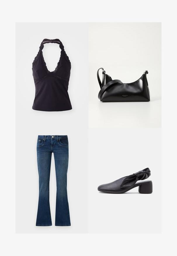 Sort halterneck-top lavet af glat, strækbart stof. Har en dyb V-halsudskæring og blonder langs halsudskæringen og ryggen.; Blå denim bootcut-jeans med forlommer og knaplukning, vist mod en ensfarvet lys grå baggrund.; Sort læder slingback-sko med rundet tå, detaljer med knyttet rem og lav blokhæl på hvid baggrund.; Sort læderhåndtaske med en glat tekstur. Har en justerbar stropp og et enkelt, minimalistisk design med lynlås.