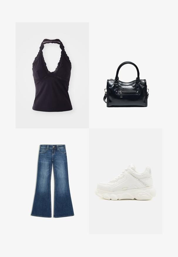Sort halterneck-top lavet af glat, strækbart stof. Har en dyb V-halsudskæring og blonder langs halsudskæringen og ryggen.; Blå denimjeans med et udflaret ben-design, front knap- og lynlås lukning og fem-lomme styling på en hvid baggrund.; Hvid chunky sneaker med tyk sål, snørelukning og "Buffalo" branding på siden og hælen.; Sort skinnende læderhåndtaske med to håndtag, lynlåslomme foran og aftagelig skulderrem på hvid baggrund.