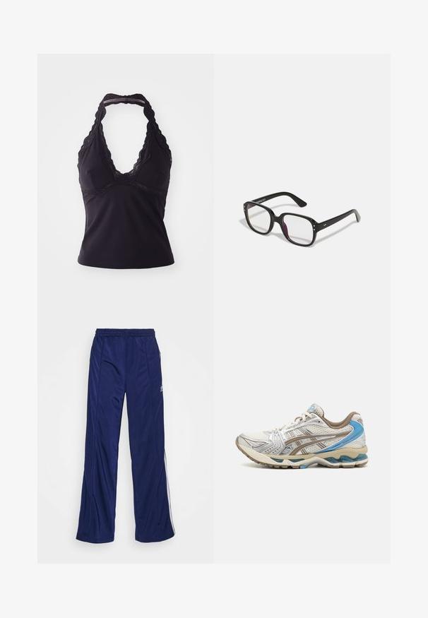 Top halter negro hecho de una tela suave y elástica. Presenta un escote en V profundo y un borde de encaje a lo largo del escote y la espalda.; Pantalones deportivos navy con cintura elástica, piernas rectas y cremalleras laterales. Presentan piping blanco a lo largo de los lados. Textura de tela suave.; Zapatilla de running blanca y beige con detalles azules, parte superior de malla, suela acolchada y diseño con cordones, mostrada desde el lado exterior.; Gafas rectangulares negras con lentes transparentes, con bordes redondeados y acentos laterales, con un acabado brillante en el marco y las patillas.
