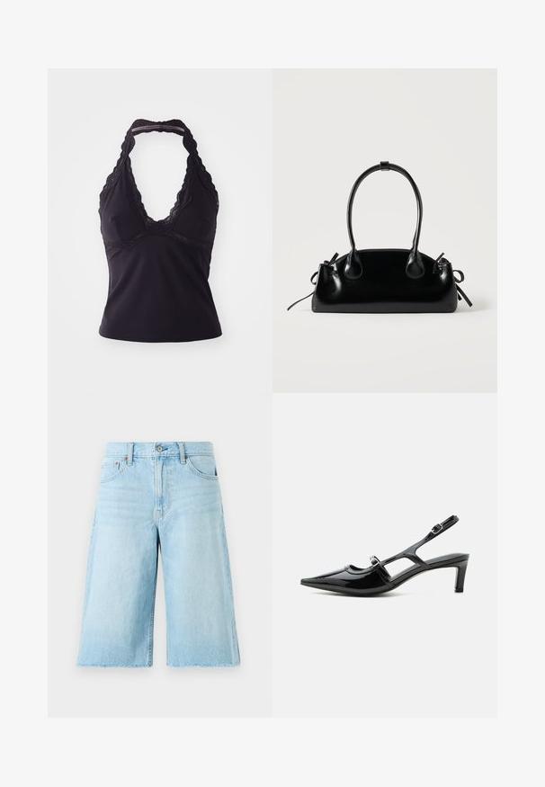 Zwarte haltertop van soepel, rekbaar materiaal. Heeft een diepe V-halslijn en kantafwerking langs de halslijn en de rug.; Lichtblauwe denim shorts met een losse pasvorm, een rafelige zoom, vijf zakken en metalen hardware. Klassiek jeansontwerp met subtiele vervaging.; Zwarte lakleren slingback schoen met een spits toelopende neus, lage hak en twee verstelbare gespen, zijaanzicht.; Kleine zwarte glanzende handtas met twee lange hengsels en zijkant trekkoord details op een effen lichte achtergrond.