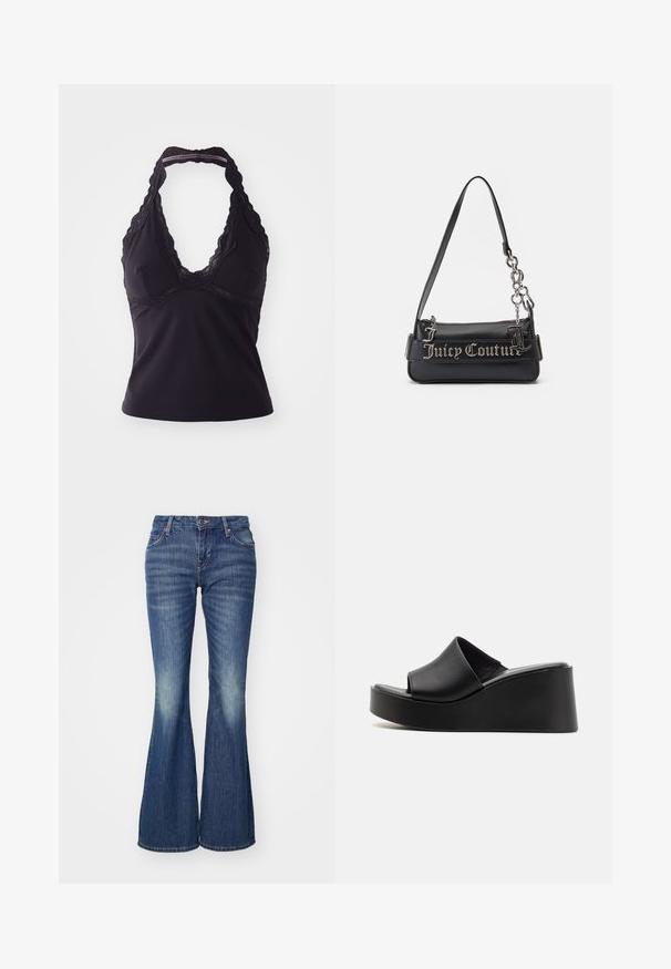 Top halter negro hecho de una tela suave y elástica. Presenta un escote en V profundo y un borde de encaje a lo largo del escote y la espalda.; Jeans acampanados de mezclilla en un tono azul con efecto de lavado claro, que cuentan con bolsillos clásicos y un cierre de botón único.; Sandalias de cuña deslizantes de cuero negro con una parte superior lisa y un tacón de plataforma, que presentan un diseño minimalista y un acabado ligeramente texturizado.; Bolso de mano negro hecho de material sintético texturizado. Presenta una correa de cadena y el logo plateado "Juicy Couture" destacado en la parte frontal.