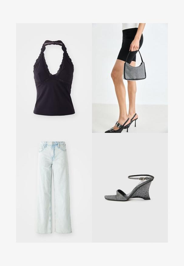 Top halter negro hecho de una tela suave y elástica. Presenta un escote en V profundo y un borde de encaje a lo largo del escote y la espalda.; Jeans de pierna ancha de talle alto en denim de color azul claro. Cuenta con cinco bolsillos y cierre de botón. Textura desgastada en los muslos.; Sandalia de cuña con brillo plateado, puntera abierta, hebilla dorada en el tobillo, vista lateral sobre fondo claro liso.; Bolso de cuentas negras con una silueta curva, asa de transporte y textura brillante. Llevado con zapatos de tacón altos negros y pantalones cortos negros ajustados.