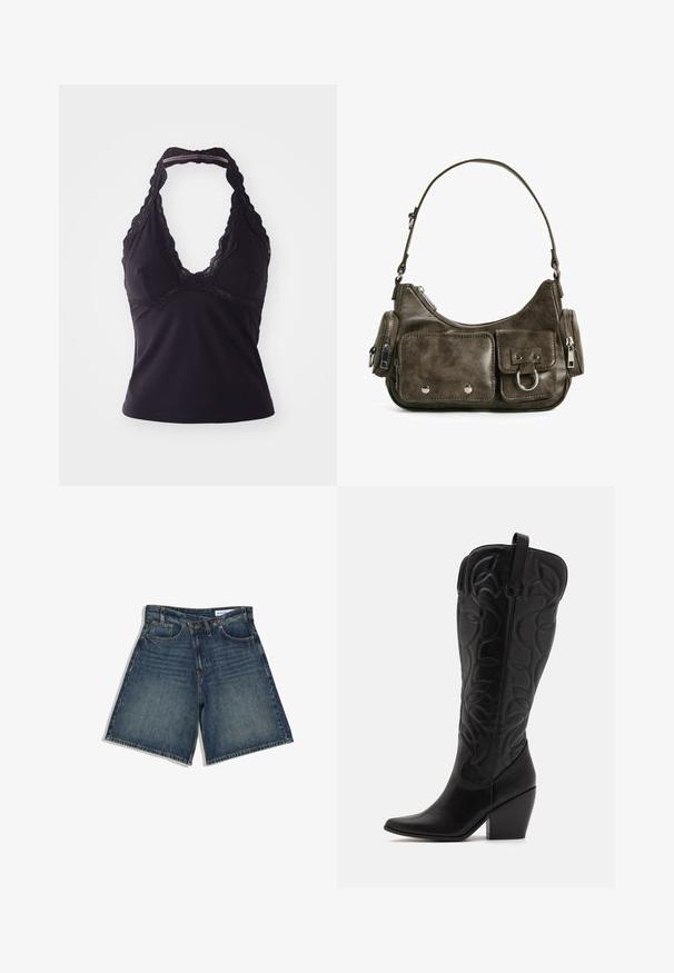 Zwarte haltertop van soepel, rekbaar materiaal. Heeft een diepe V-halslijn en kantafwerking langs de halslijn en de rug.; Donkerblauwe denimshorts met voorzakken, riemlussen en een knoopsluiting, plat liggend op een witte achtergrond.; Zwarte leren kniehoge laarzen met puntige neus en gestapelde hak. Voorzien van decoratief stiksel en gebogen designelementen.; Donkergroene leren handtas met een gebogen vorm, met ritszakken en een voorflapzak. Voorzien van zilveren hardware en een gestructureerde afwerking.