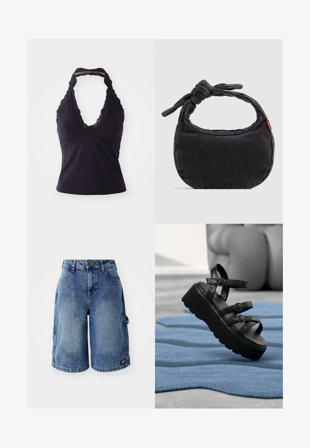 Top halter negro hecho de una tela suave y elástica. Presenta un escote en V profundo y un borde de encaje a lo largo del escote y la espalda.; Pantalones cortos de mezclilla en azul claro con un corte relajado, cinco bolsillos y cierre de botón. Presenta detalles de costura y un pequeño parche con el logo.; Sandalia de plataforma negra con tres correas ajustables con hebillas, colocada sobre una alfombra azul texturizada con fondo desenfocado.; Bolso pequeño de hombro de mezclilla negra con correa anudada y cierre de cremallera, con una etiqueta de tela roja de Levi's en el lateral.