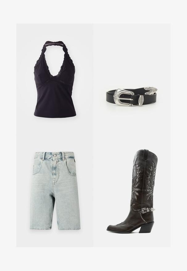 Sort halterneck-top lavet af glat, strækbart stof. Har en dyb V-halsudskæring og blonder langs halsudskæringen og ryggen.; Lyseblå denimshorts med klassisk femlommersdesign, knaplukning og lige snit. Falmet tekstur, detaljer med frynset kant.; Sort læder cowboystøvle med dekorative udskæringer, sølvspænde og skrå hæl, vist på hvid baggrund.; Sort læderbælte med en stor sølvmetalspænde, der har indviklede detaljer og dekorative accenter i begge ender.