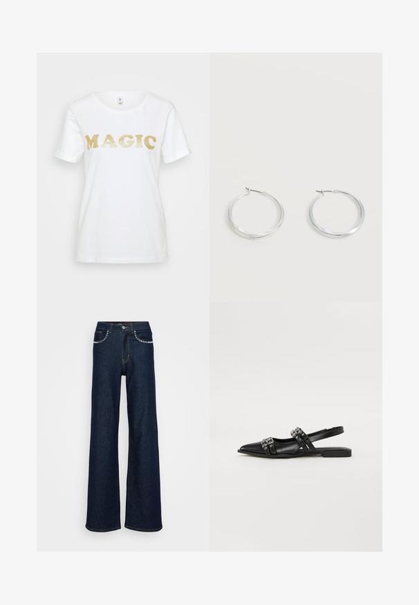 T-shirt en coton blanc avec un texte doré scintillant portant le mot "MAGIE" dans une police en gras et arrondie. Manches courtes et encolure ras du cou classique.; Jean large en denim bleu foncé, avec une taille haute, fermeture à bouton en métal et coutures décoratives le long des poches.; Even&Odd by Zalando Ballerines à brides arrière - black; Boucles d’oreilles créoles en métal argenté avec une surface lisse légèrement incurvée et des fermoirs à clapet sur un fond blanc uni.